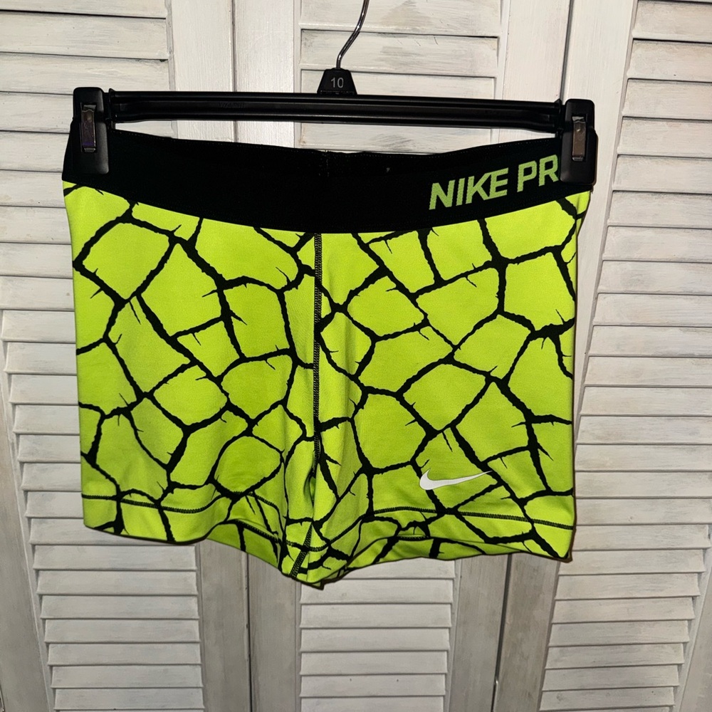 Nike Neon Green and Black Patterned Pro Compression Shorts